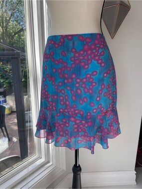 VINTAGE 90s SMART SET Bright Blue & Pink Patterned Ruffle Hem Chiffon Skirt Sz 5